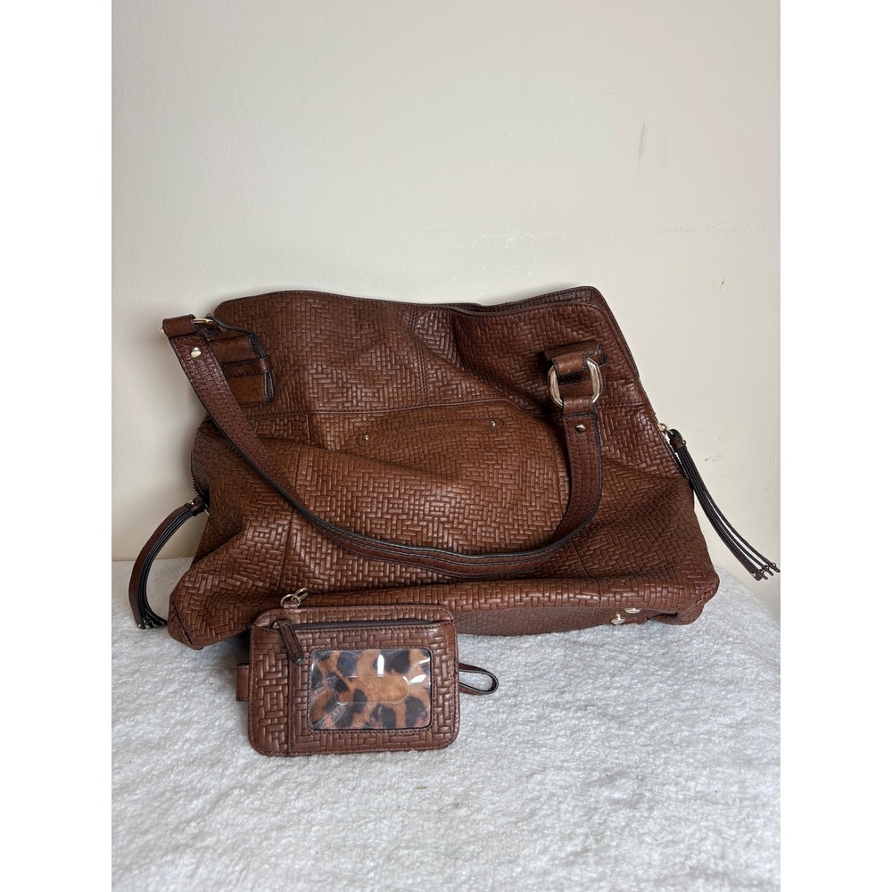 B. Makowsky Brown Leather Basketweave Shoulder Bag Tote with  Leopard Lining